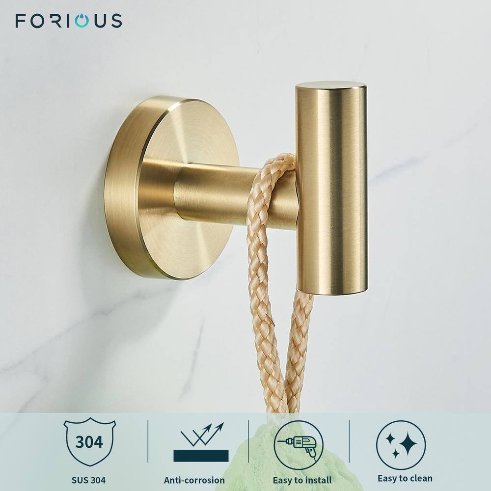 FORIOUS Bathroom Robe Hook and Towel Hook Wall Mounted Stainless Steel in Gold (2-Pack) HH0219G2