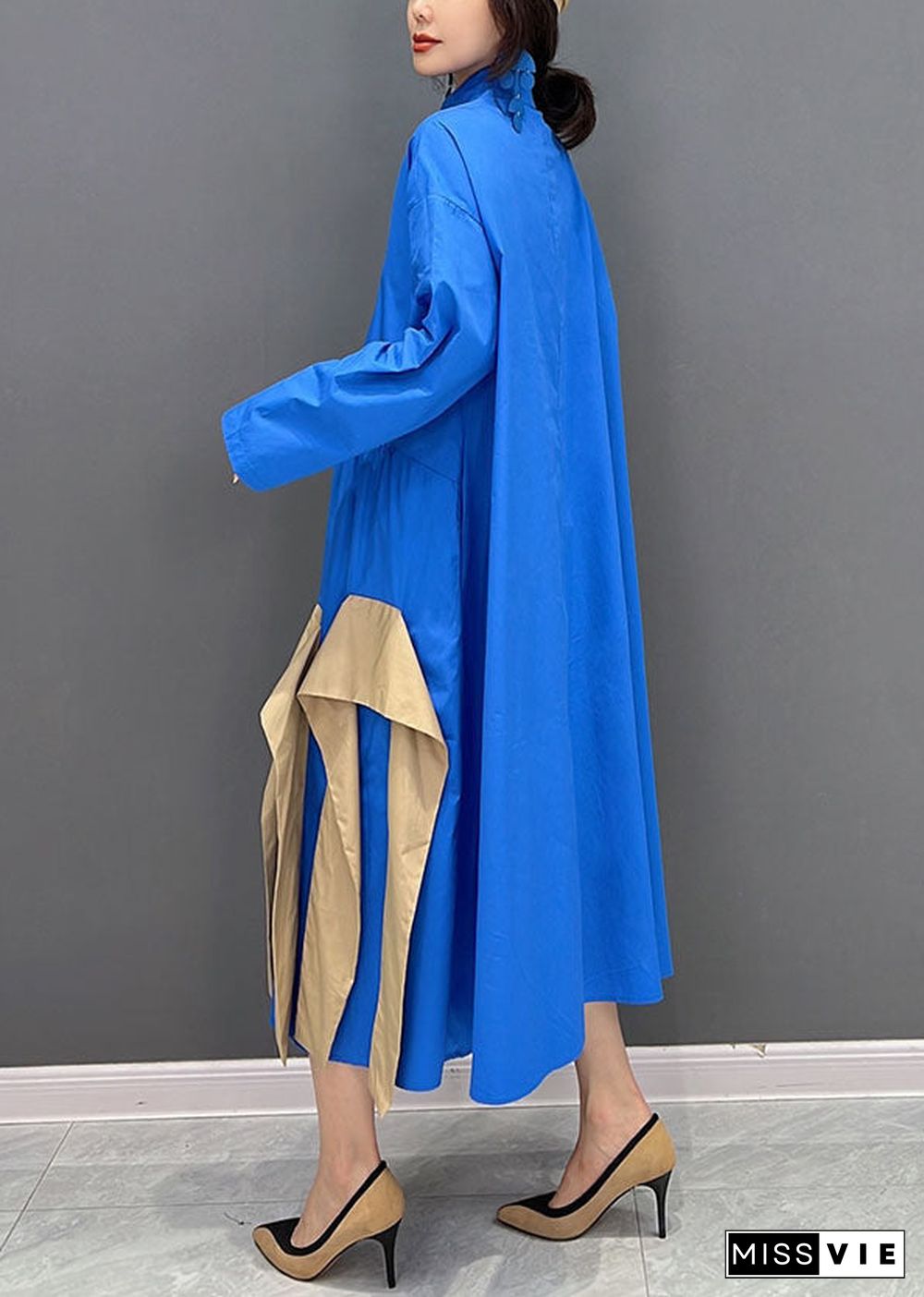 Art Blue Asymmetrical Design Patchwork Cotton Maxi Dresses Fall