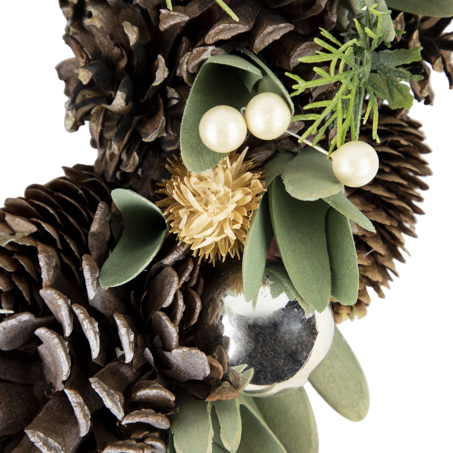 Northlight Silver and Green Mixed Foliage and Pinecone Christmas Wreath 13.5-in. Unlit