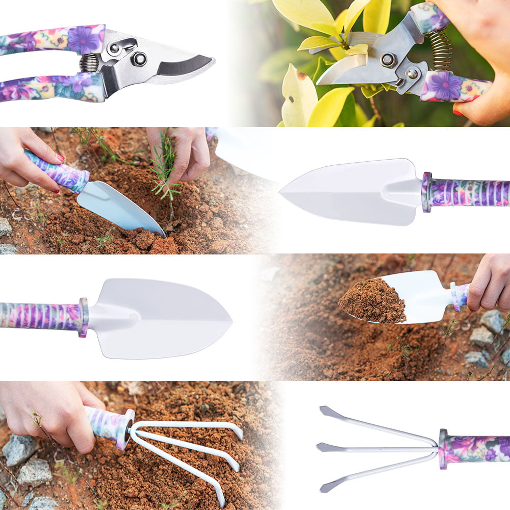 5 Pieces Garden Tool Set Gardening Tools Gift Kit Non-Slip Handle with Anti-Rust Trowel, Cultivator, Pruning Shear, Water Sprayer and Case