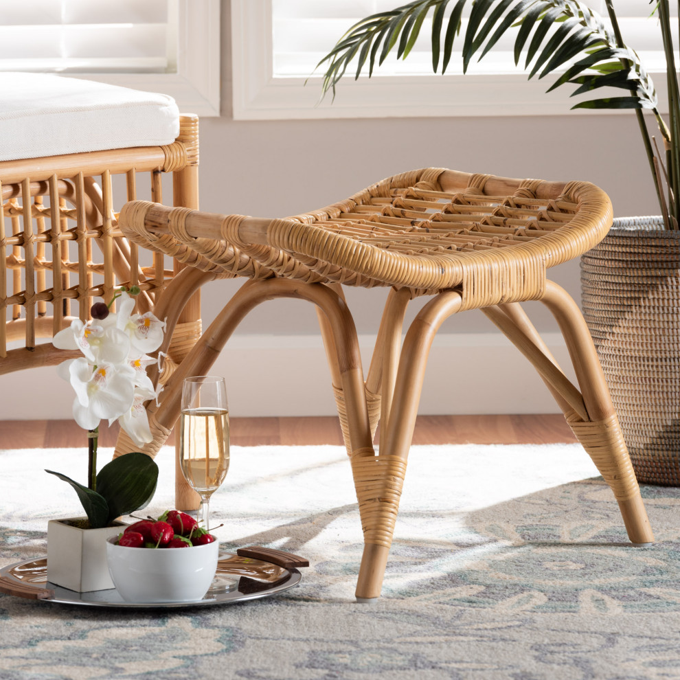 Bernardo Modern Bohemian Natural Brown Rattan Ottoman   Tropical   Footstools And Ottomans   by Ezmod Furniture  Houzz