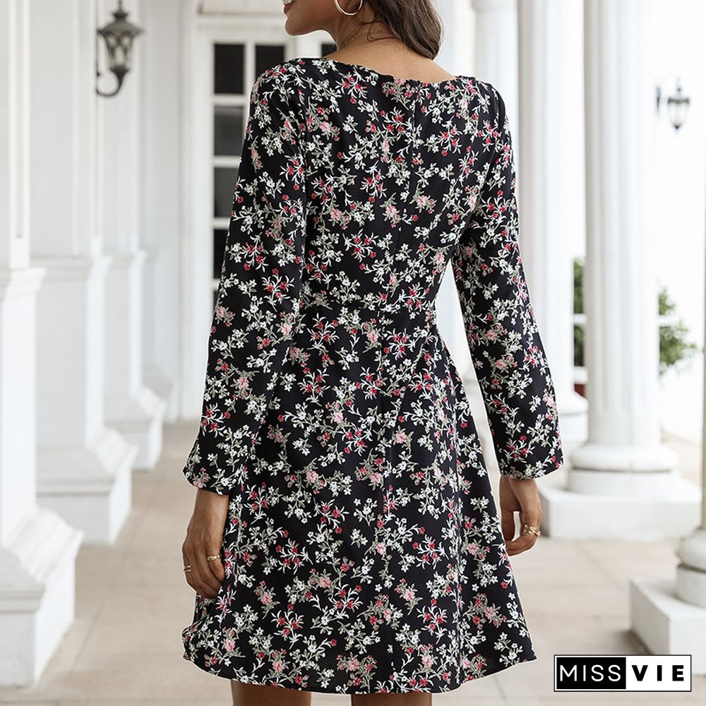 Temperament Commuter Word Collar Floral Dress Black Dresses