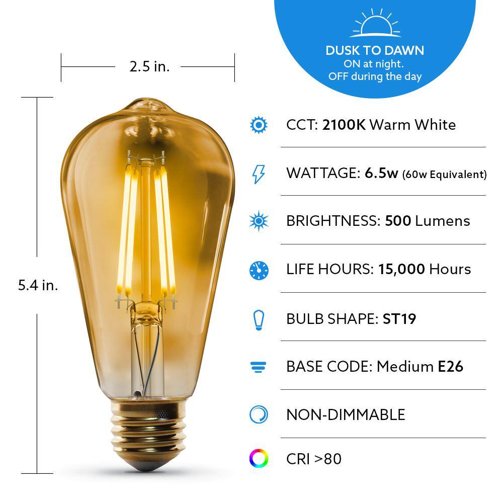 Feit Electric 60-Watt Equivalent ST19 Straight Filament Dusk to Dawn Amber Glass E26 Vintage Edison LED Light Bulb Warm White ST19VGDDFILEDHDRP