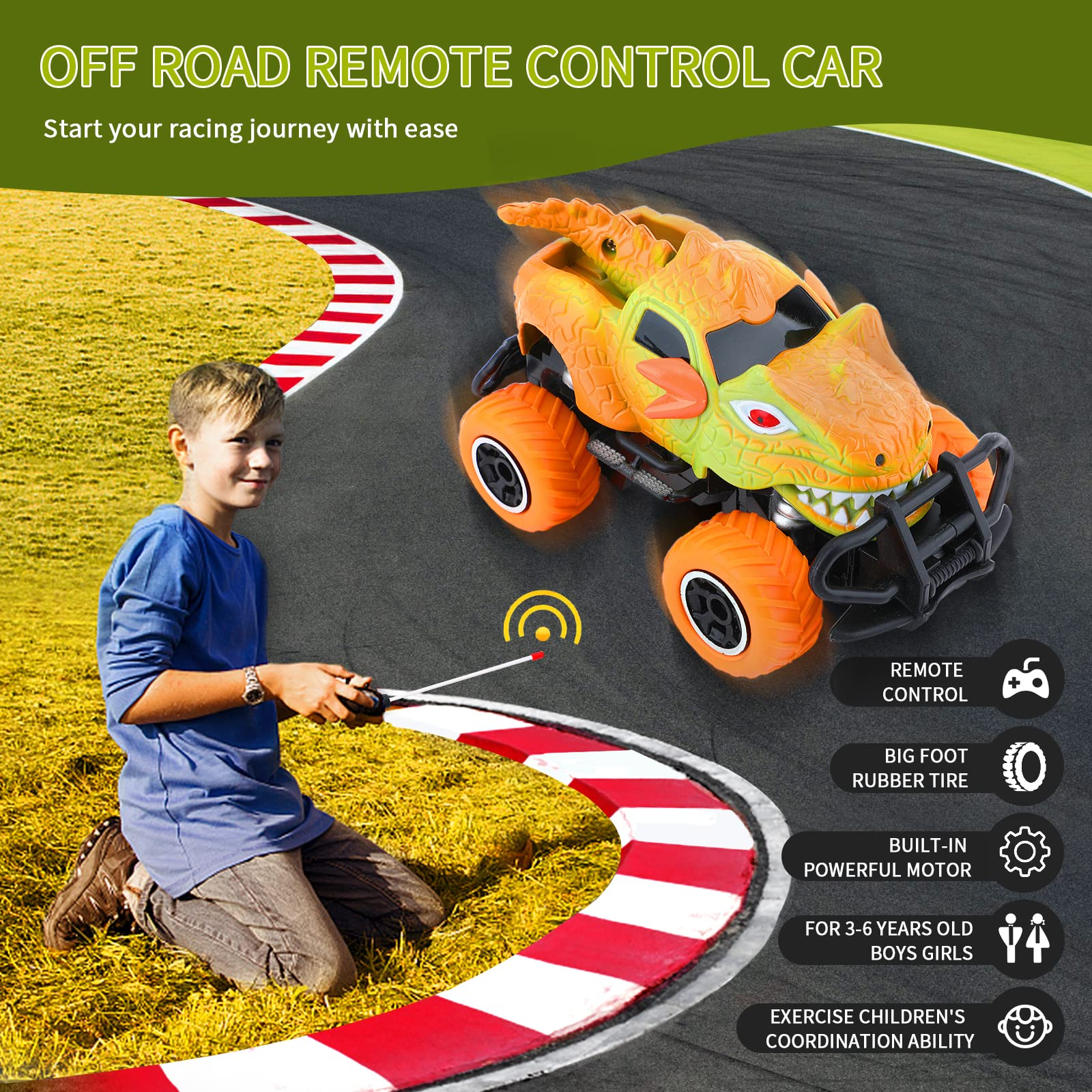 Welltop Dinosaur Toys Car，4-Channel Off-Road RC Car，1/43 Scale Remote Control Car Gifts for Girls 3-6，Toddlers 3 4 5 6+ Years