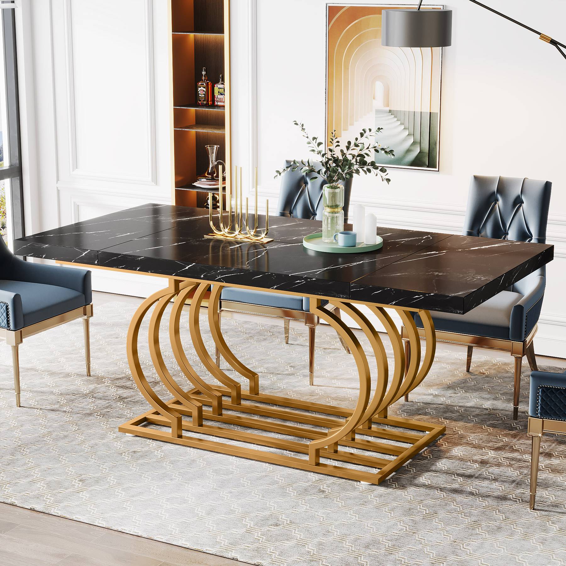 Faux Marble Dining Table, Wood Kitchen Table with Geometric Frame