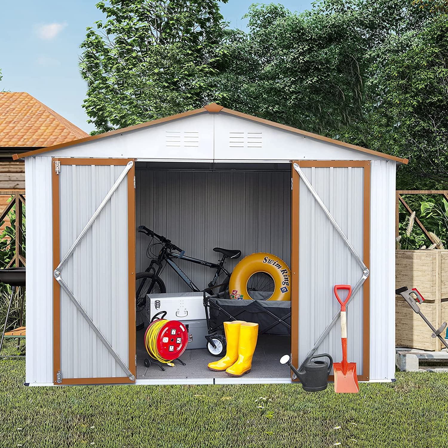 Ouyessir 8' x 6' Outdoor Storage Shed, Steel Metal Shed with Floor Frame,Double Lockable Doors Waterproof Tool Storage Shed for Courtyard, Lawn, Backyard