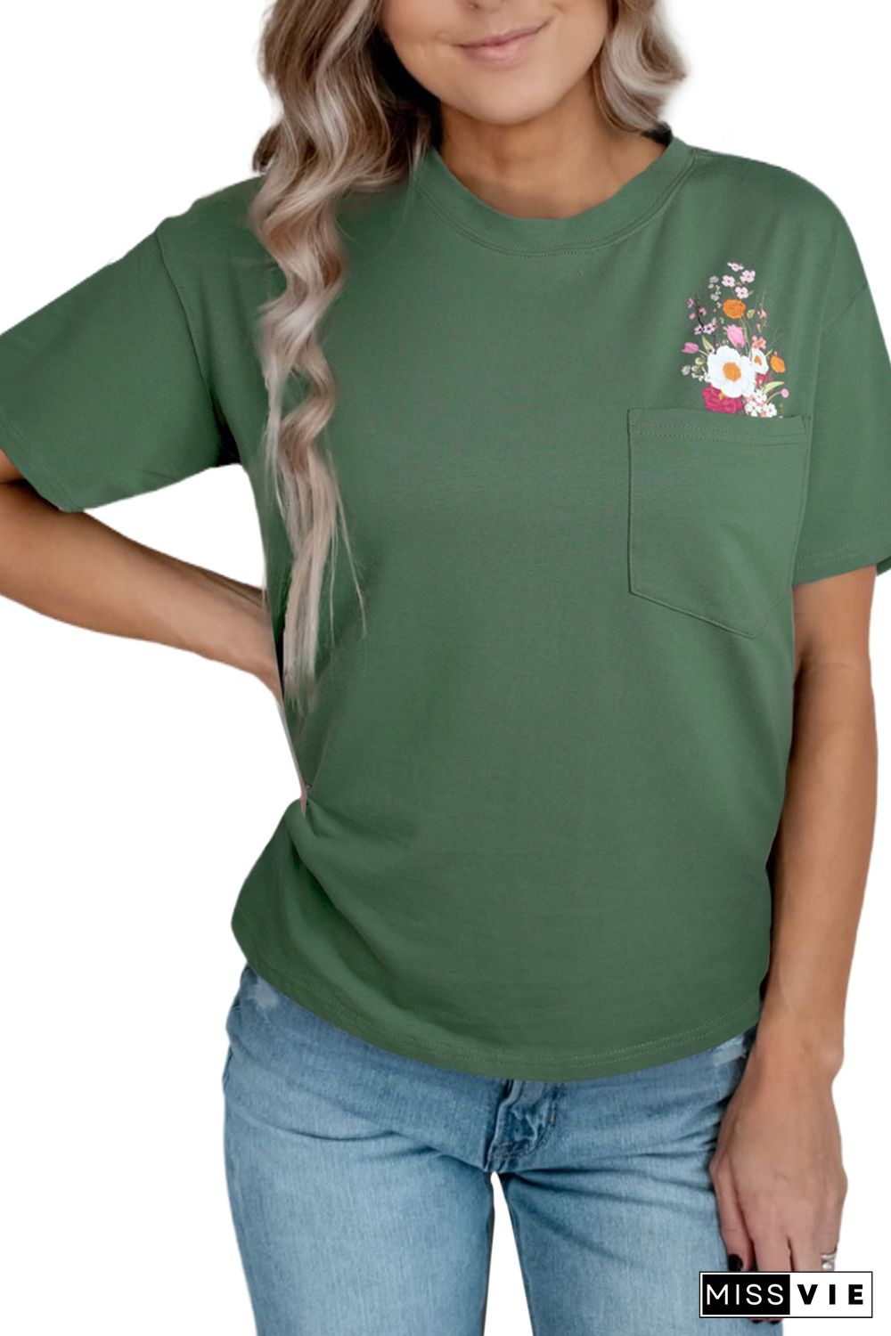 Green Floral Pocket Casual Short Sleeve Tee