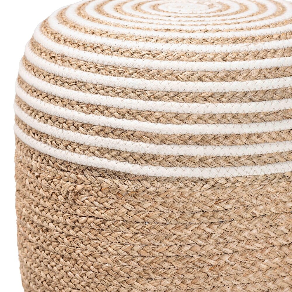 Nequiel Modern Bohemian Natural Brown Seagrass and Woven Rope Ottoman Footstool