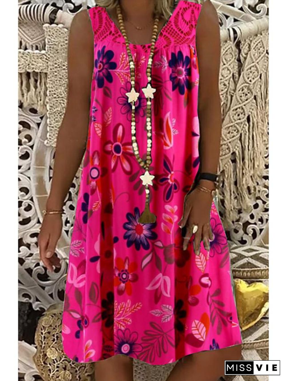 Women's Shift Dress Knee Length Dress - Sleeveless Floral Lace Print Summer Plus Size Hot Mumu Beach vacation dresses White Black Army Green Fuchsia Navy Blue M L XL XXL 3XL 4XL 5XL