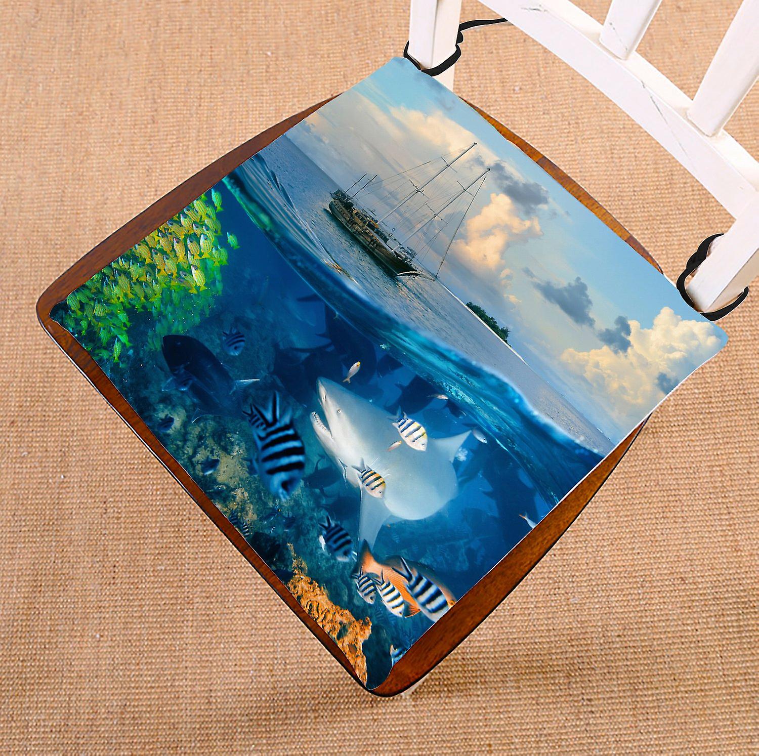 Ocean Chair Pad， Shark Fish Reef Underwater World Seat Cushion Chair Cushion Floor Cushion 40x40 Cm