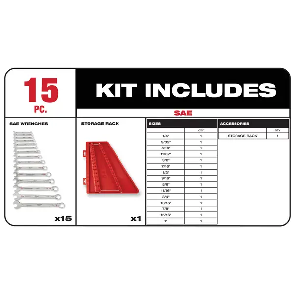 Milwaukee 48-22-9415 15-Piece Combo Wrench SAE Kit