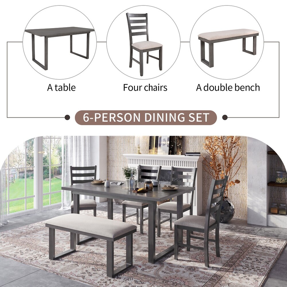 6 Pieces Premium Unique Dining Table Set with 4 Slat Back Chairs Upholstered Bench