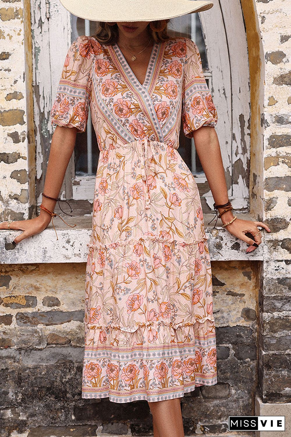 Floral Print V-neck Short Sleeve Waisted Long Dress Wholesale