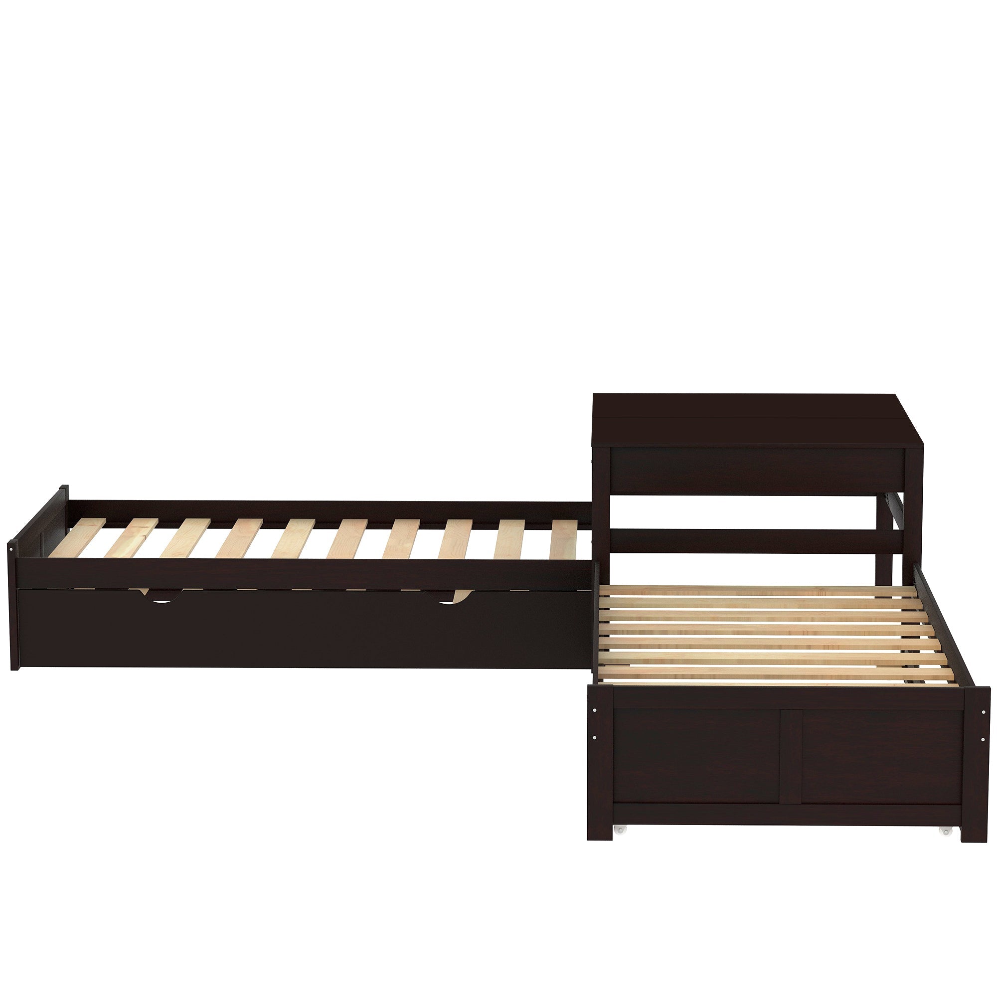 Euroco Twin L-Shaped Platform Bed with Square Table for Kids Bedroom, Espresso