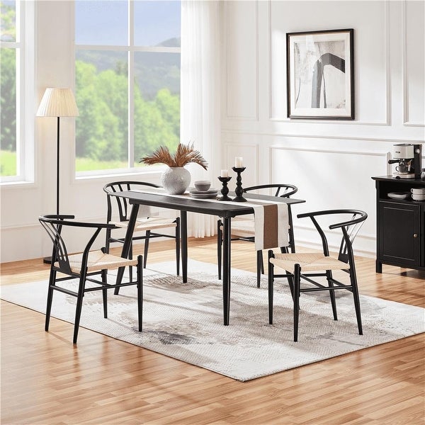 2PCS Weave Modern Dining Chair with Metal Frame， Black