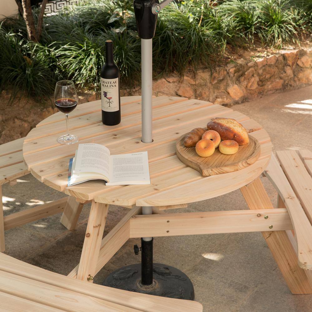 GARDENISED Natural 6-Person Round Wooden Outdoor Picnic Table with Bench for Patio with Umbrella Hole QI003904.N