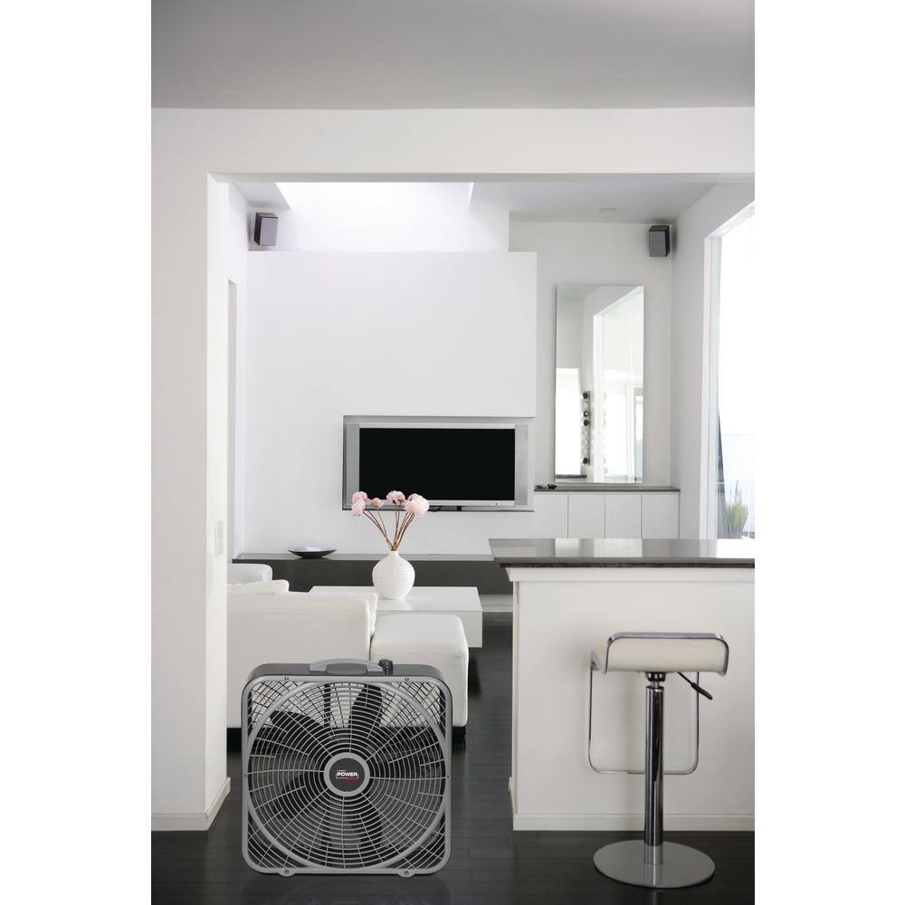 Lasko 20 in. 3 Speeds Box Fan in Gray with Weather-Shield Design for Window Use Energy Efficent Carry Handle Steel Body B20540