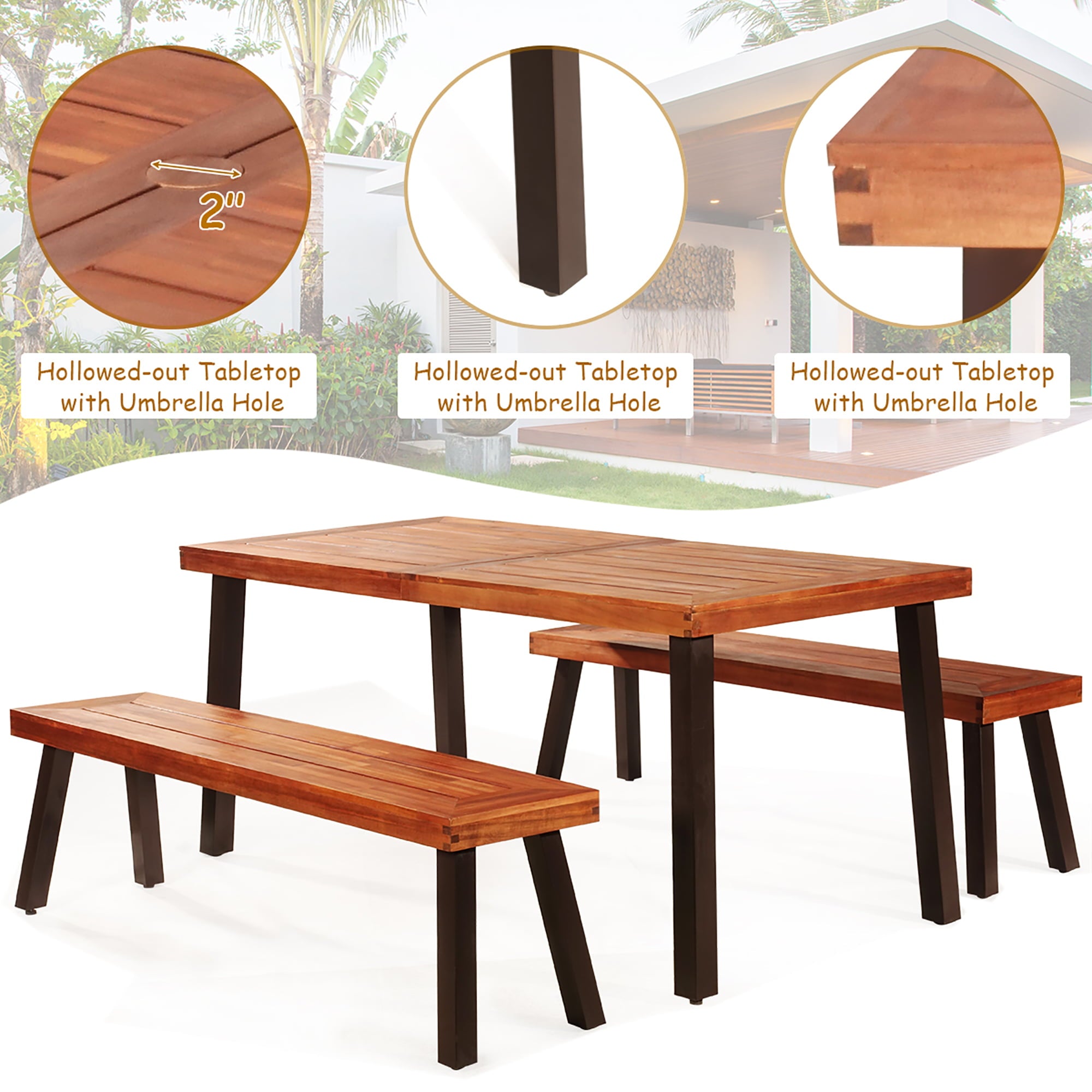 Costway 3 Pieces Picnic Table Set Acacia Wood Table Bench with Steel Legs Outdoor Patio