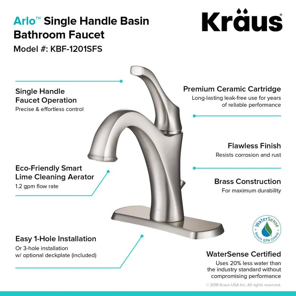 KRAUS Arlo Single Hole SingleHandle Bathroom Faucet with Lift Rod Drain and Deck Plate in SpotFree Brushed Nickel