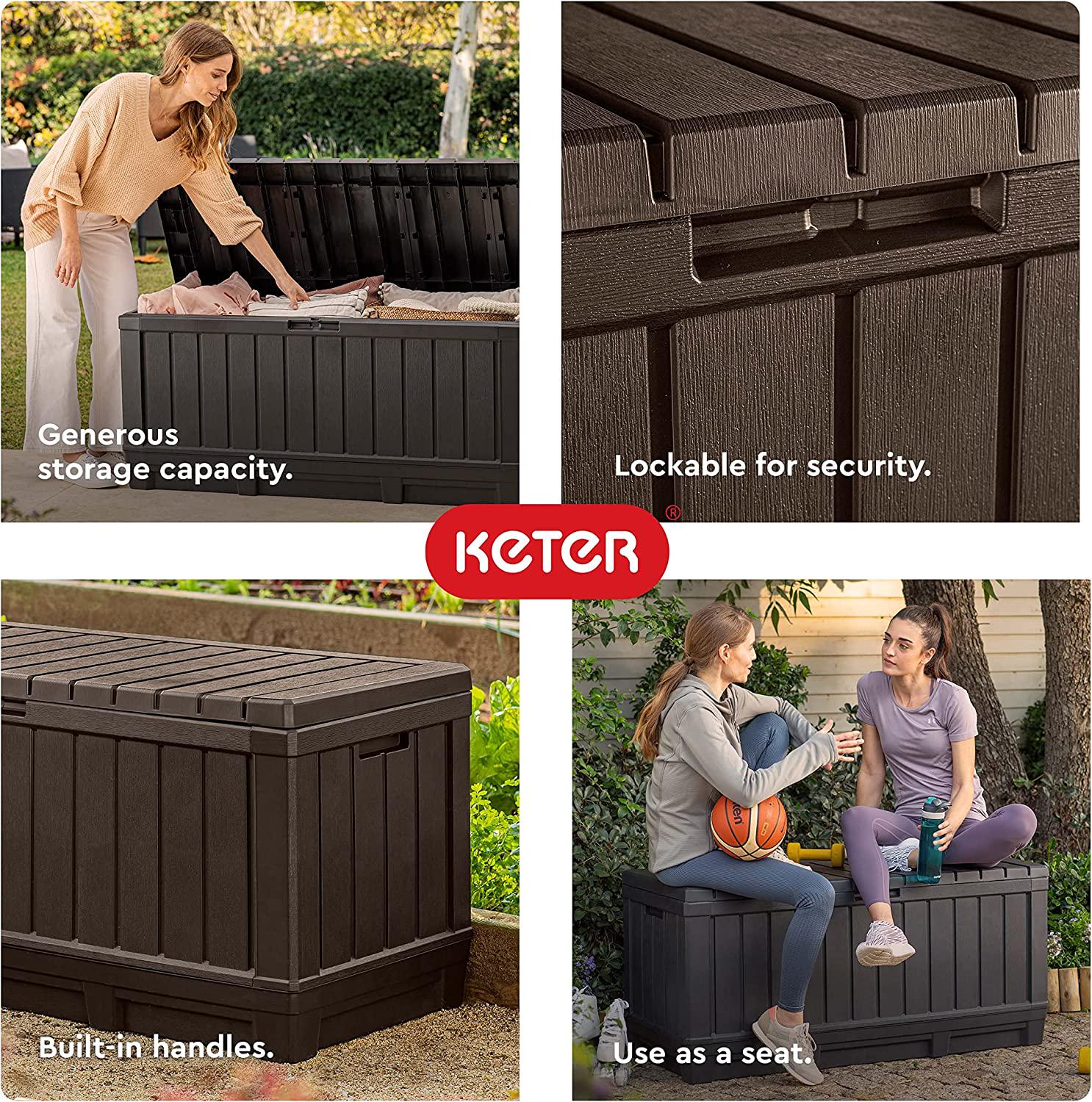 Keter Kentwood 90 Gallon Resin Deck Box-Organization and Storage for Patio Furniture Outdoor Cushions, Throw Pillows, Garden Tools and Pool Toys, Brown