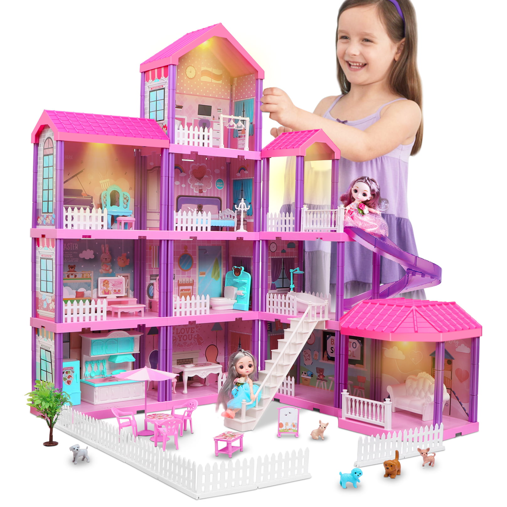 Beefunni 36 inch Dollhouse， with Slide， Dolls and 11 Rooms， Creative Dollhouse Toys for Girls， Gift for 3 to 8 Year Old， Assembly Required