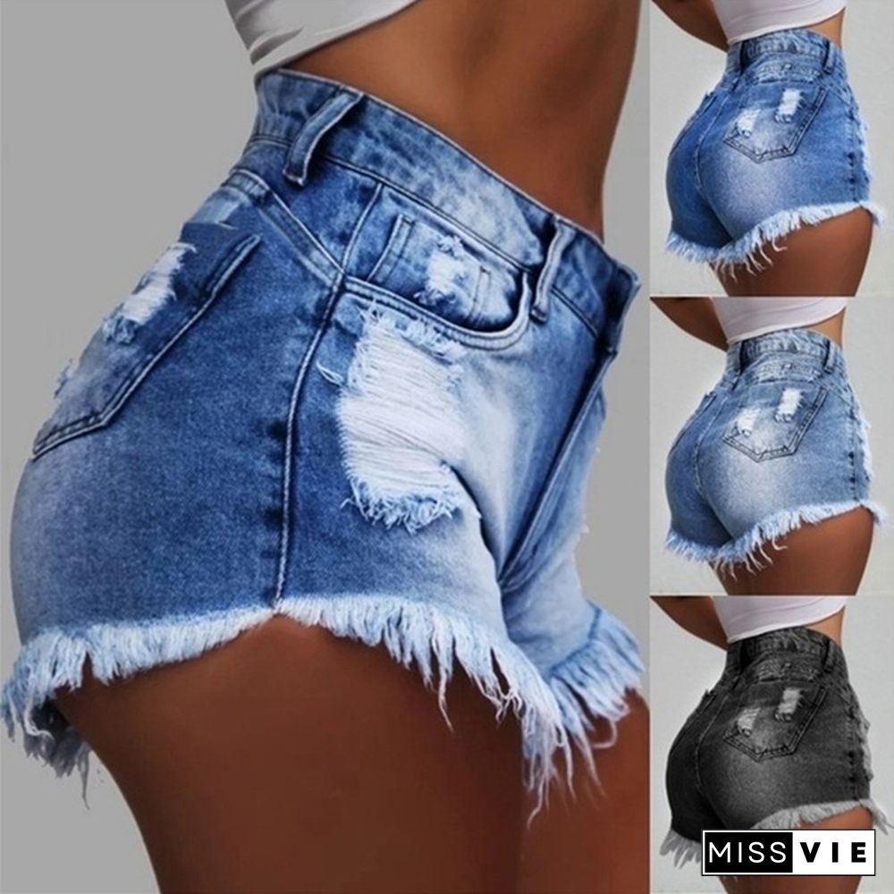 Women Fashion New Denim Ripped High Waist Shorts Hot Shorts Washed Jeans Summer Short Pants