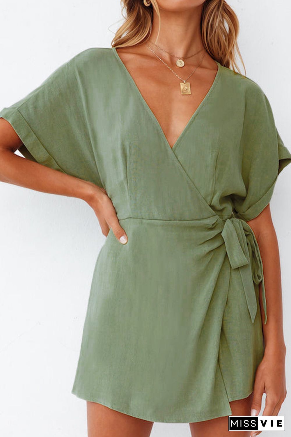 Plain Wrap V Neck Side Sash Romper