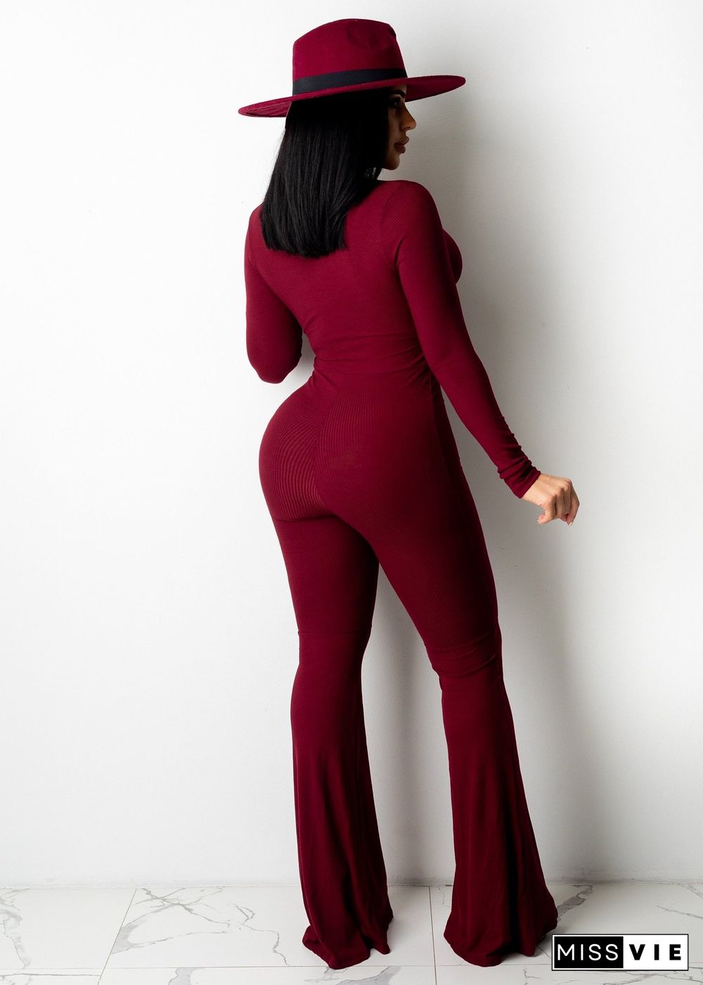 Ribbed Cropped Stretch Pit Strip Long-sleeved Flared Jumpsuit