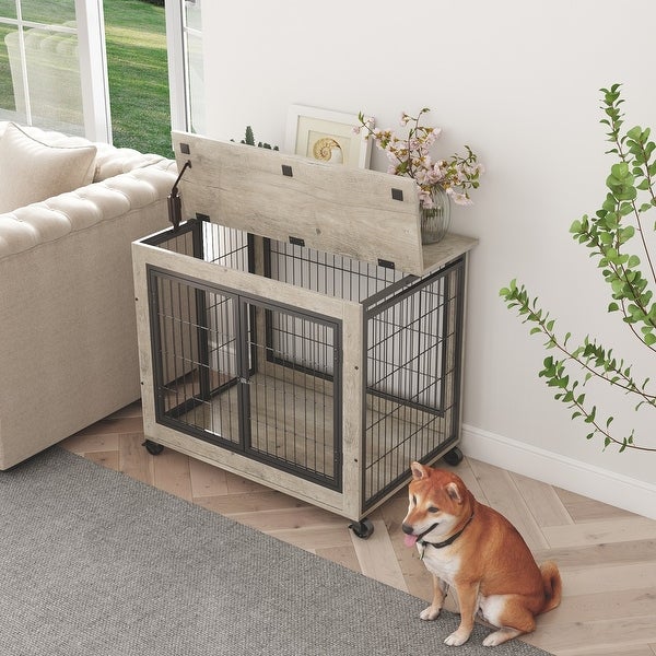 Dog Crate Side Table on Wheels with Double Doors and Lift Top