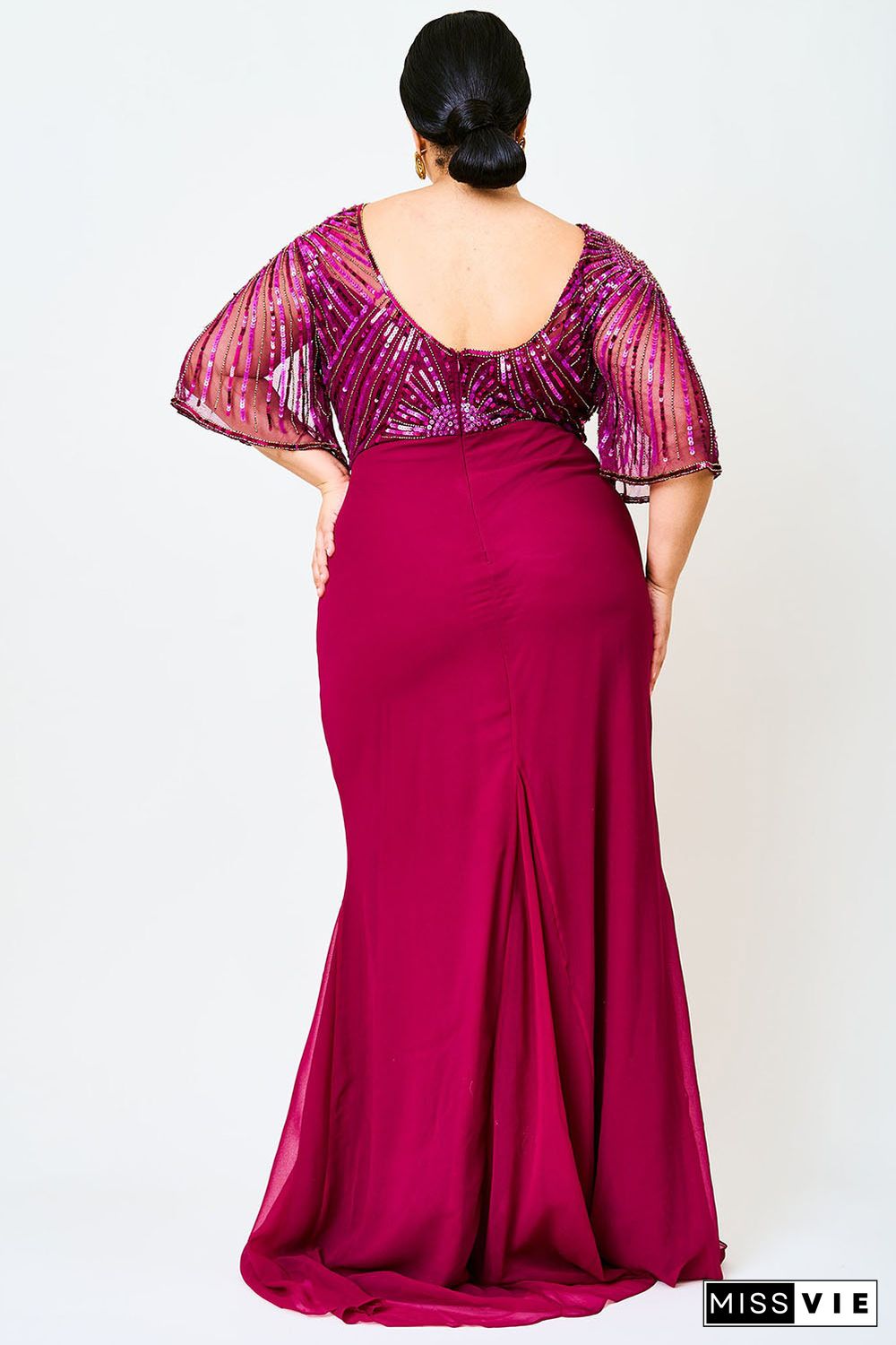 Red Sequin Mesh Open Back Plus Size Maxi Dress