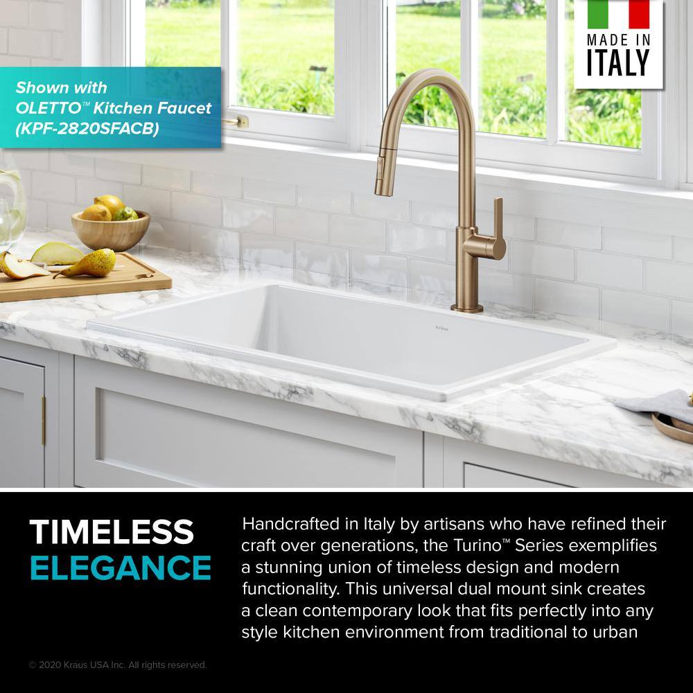 KRAUS Turino White Fireclay 29.88 in. Single Bowl Drop-InUndermount Kitchen Sink KFD1-30GWH