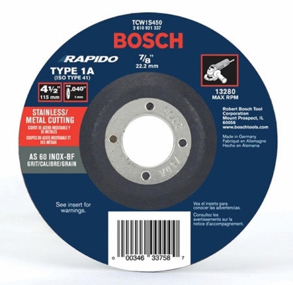 Bosch 4-1/2 In. .040 In. 7/8 In. Arbor Type 1A (ISO 41) 60 Grit Rapido Fast Metal/Stainless Cutting Abrasive Wheel TCW1S450 from Bosch