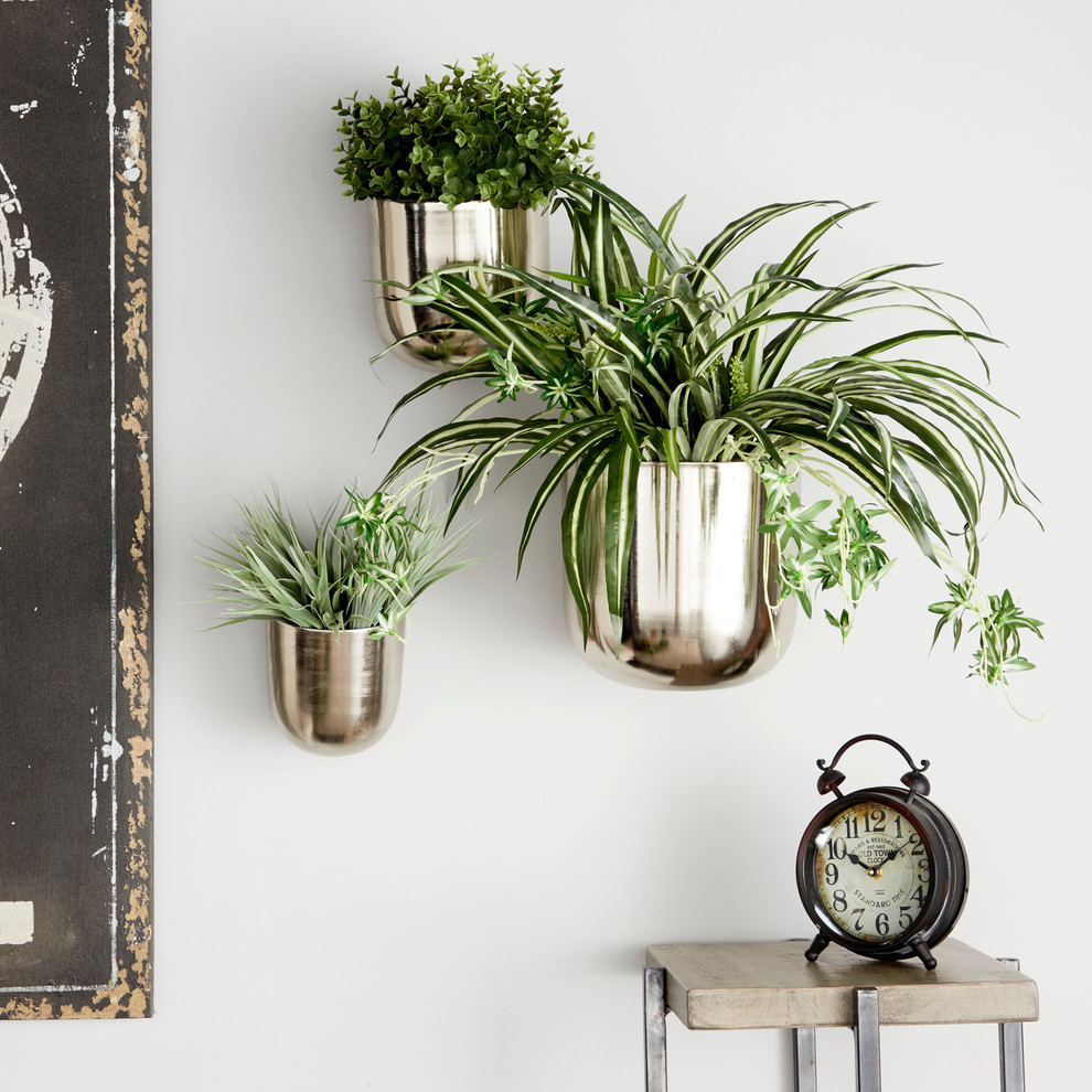 Zimlay Round Metallic Silver Metal Set Of 3 Wall Planters 51942   Contemporary   Outdoor Pots And Planters   by Brimfield  ampMay  Houzz