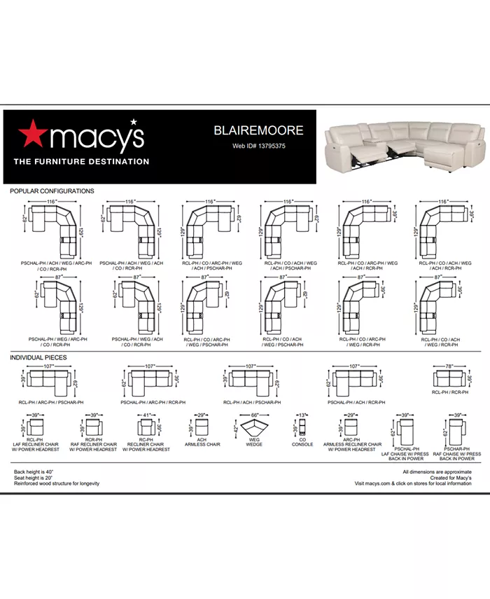 Macy's CLOSEOUT! Blairemoore 5-Pc. Leather Power Chaise Sectional with 1 USB Console and 2 Power Recliners