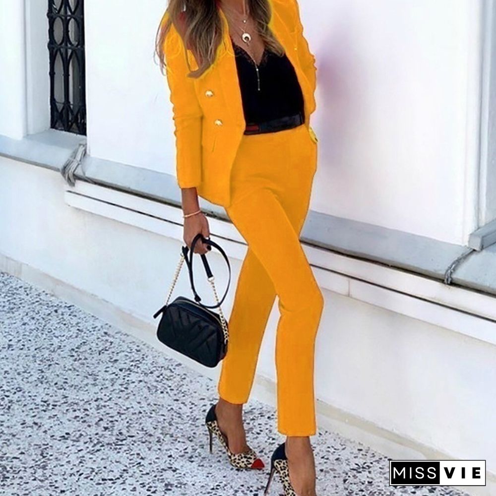 New Arrival Women's Fashion Two-Piece Casual Suits Blazer And Pants Set Office Lady Clothing Solid Color Plus Size