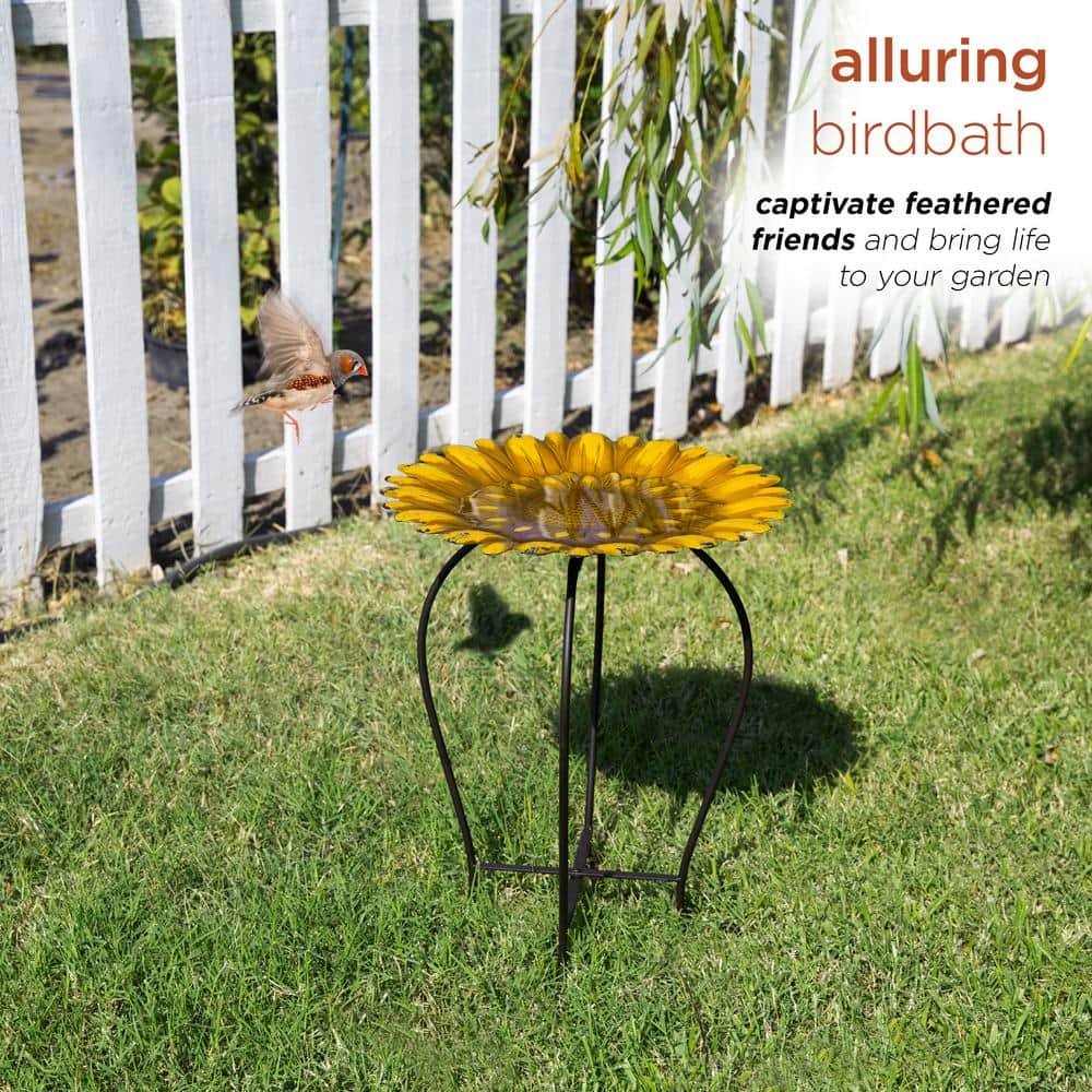 Alpine Corporation 19 in. Tall Embossed Metal Sunflower Birdbath Decoration Yard Statue MAZ470