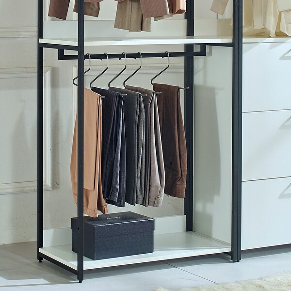 Garment Rack White Freestanding Walk in Wood Closet System with Metal Frame and 4-Drawer， Bedroom Clothing Armoires - - 37828157