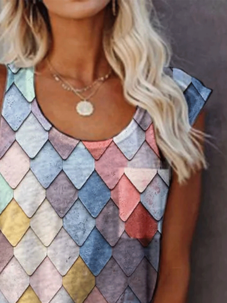 Diamond Print Round Neck Sleeveless Casual Vest