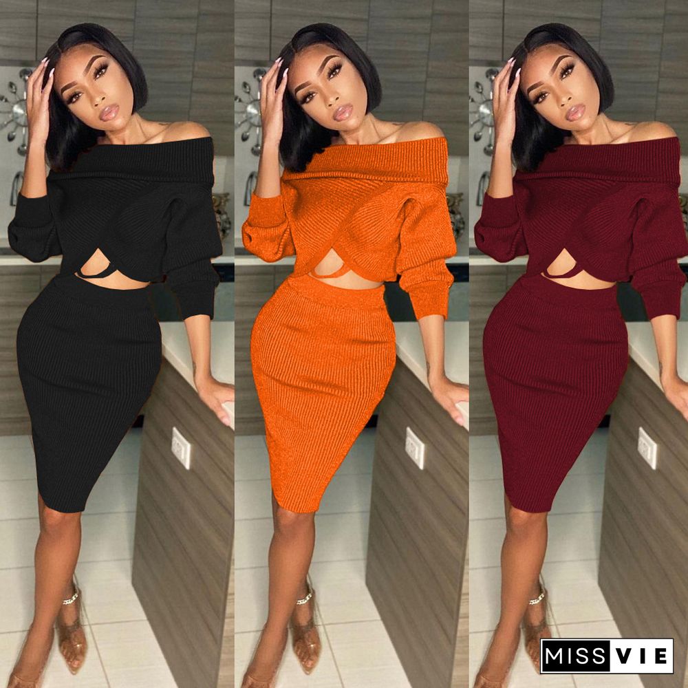 Solid Color Off Shoulder Bat Sleeve Crop Top Midi Skirt Suit