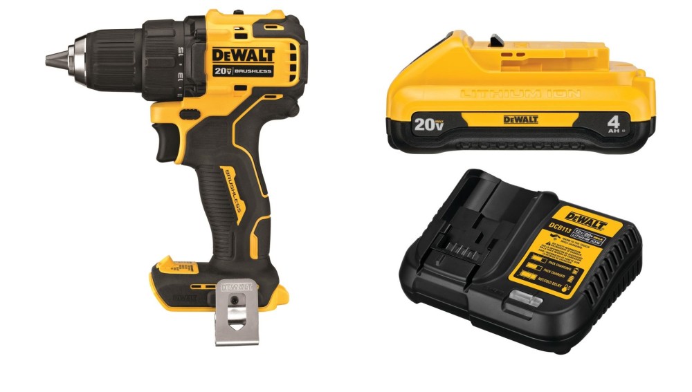 DEWALT 20V MAX Atomic Compact 1/2 Drill/Driver with Compact 4Ah Battery Starter Kit Bundle ;