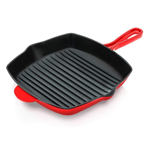 Nutrichef 4 X Nccies47 11 Inch Square Nonstick Cast Iron Skillet Griddle Grill Pan With Porcelain Enamel Coating And Side Pour Spouts Red 4 Pack