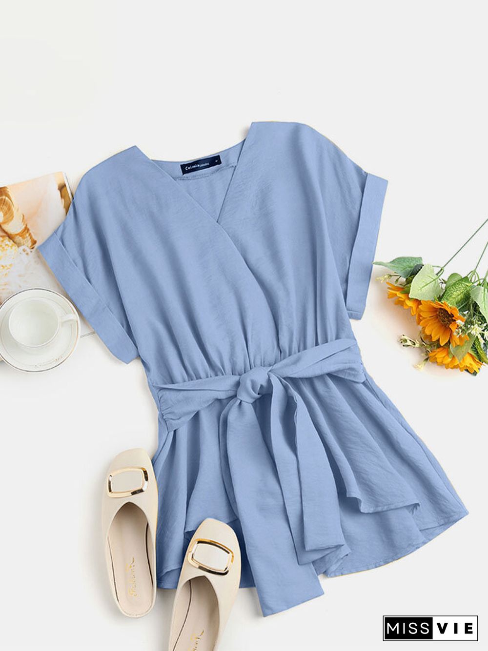 Women Solid Color V neck Short Sleeve Casual Blouse With Belt P1839933