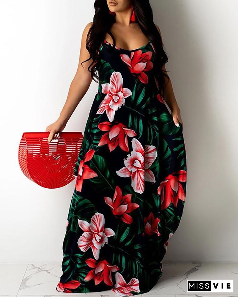 Floral Leaf Print Spaghetti Strap Maxi Dress