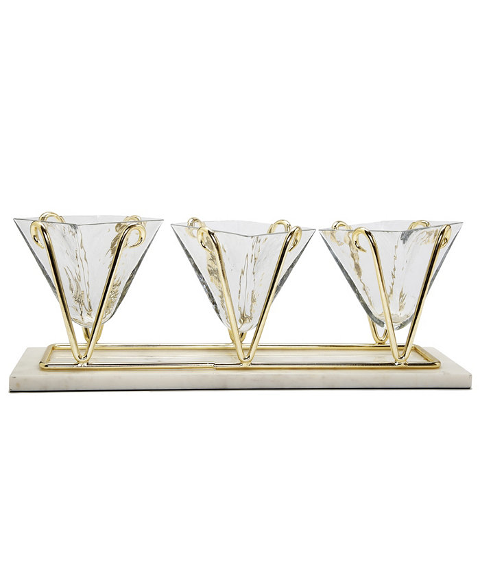 Classic Touch 3 Sectional Glass Relish Dish with Brass and Marble Base