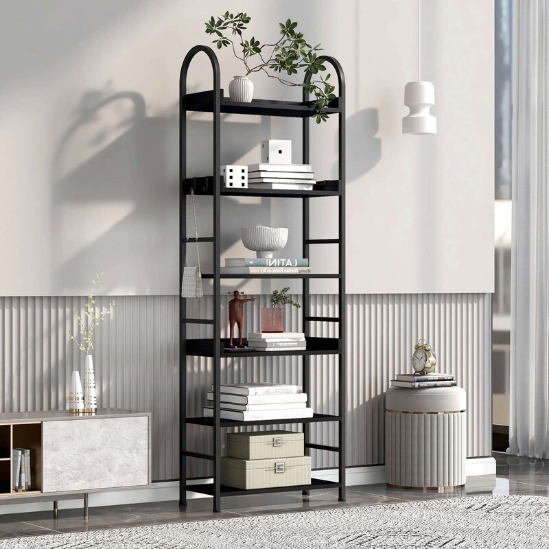 70.8 Inch Tall Bookshelf  6 tier Shelves with Round Top Frame