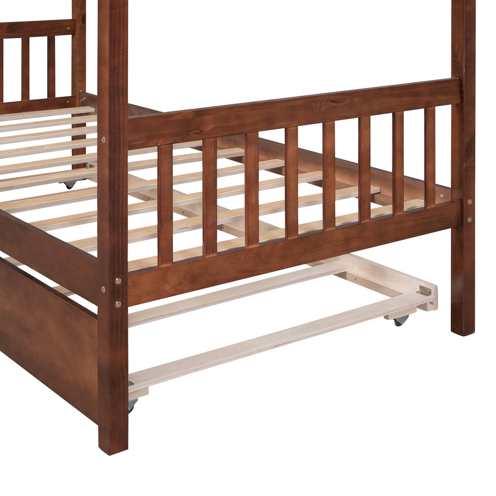 Twin Imaginative House Daybed with Headboard for Kids Girls Boys  Wooden Storage Platform Bedframe w/Trundle   Sky Roof  Walnut