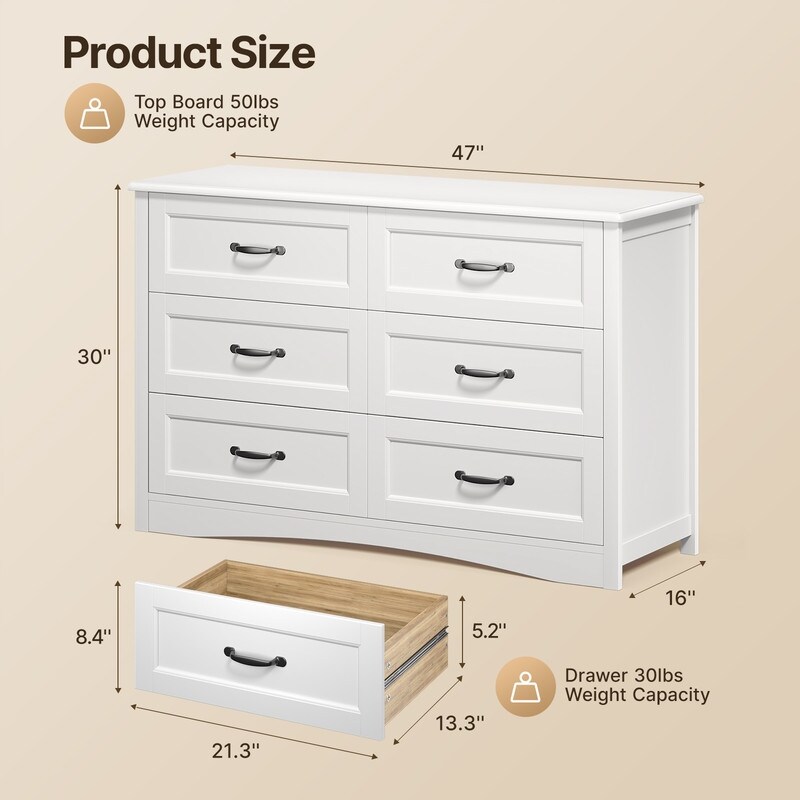 6 Drawer Dresser for Bedroom Chests of Drawers Wood Dresser for Bedroom