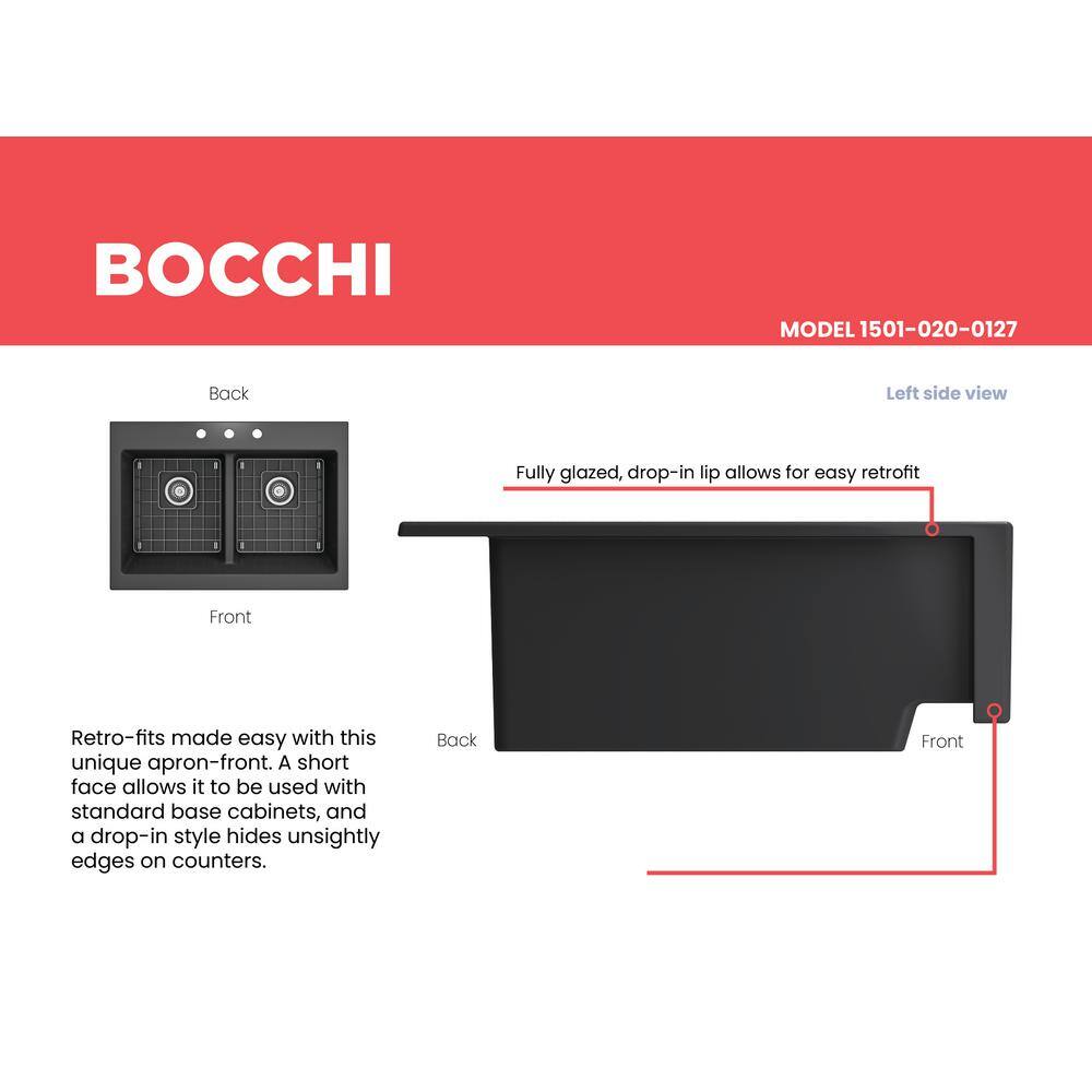 BOCCHI Nuova Matte Dark Gray Fireclay 34 in. Double Bowl Drop-In Apron Front Kitchen Sink with Protective Grids and Strainers 1501-020-0127