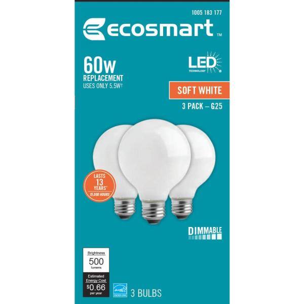 EcoSmart 60-Watt Equivalent G25 Globe Dimmable ENERGY STAR Filament LED Frosted Vintage Light Bulb Soft White (3-Pack) FG-03393