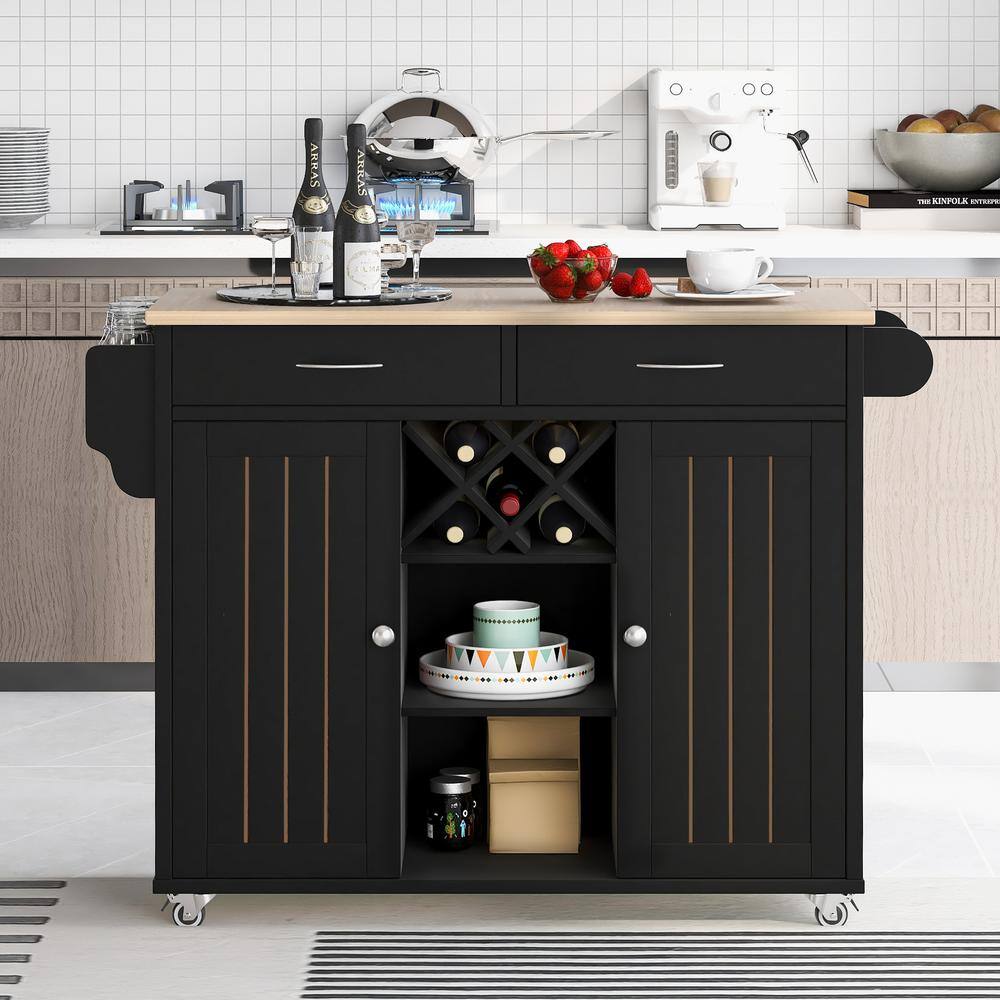 FAMYYT Black Wood Desktop 48 in. Kitchen Island with Wine Rack and Four Locking Wheels XJ-294554BK-L